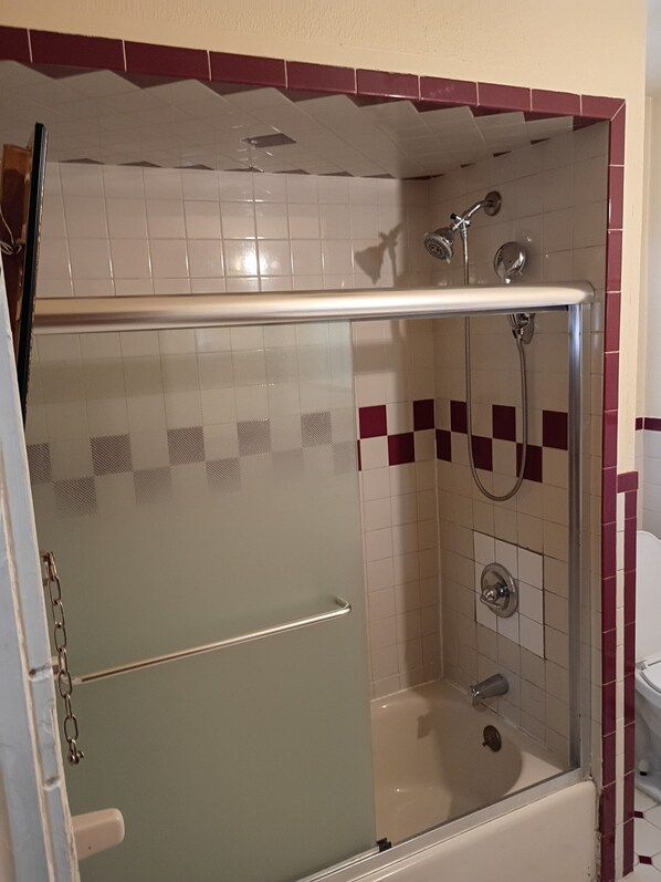 A glass-enclosed shower with a handheld showerhead, a wall-mounted faucet, and a handheld showerhead.