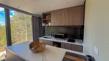 Fridge, microwave, cookware/dishes/utensils