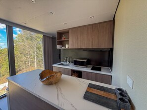 Fridge, microwave, cookware/dishes/utensils