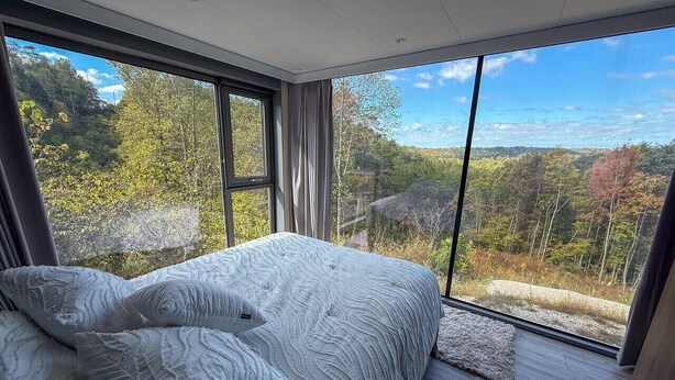 Un dormitorio con una cama grande, vista a un bosque y una ventana con cortinas.