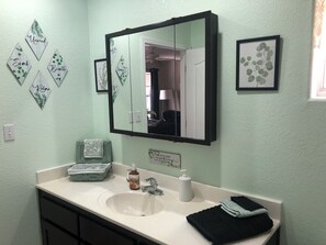 Hair dryer, towels, soap, shampoo