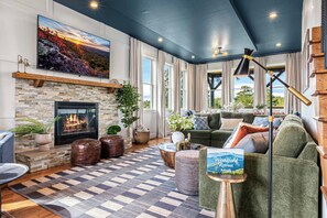 Smart TV, fireplace, video games, table football