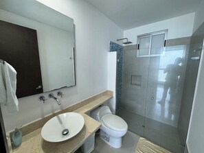 Shower, towels, soap, toilet paper