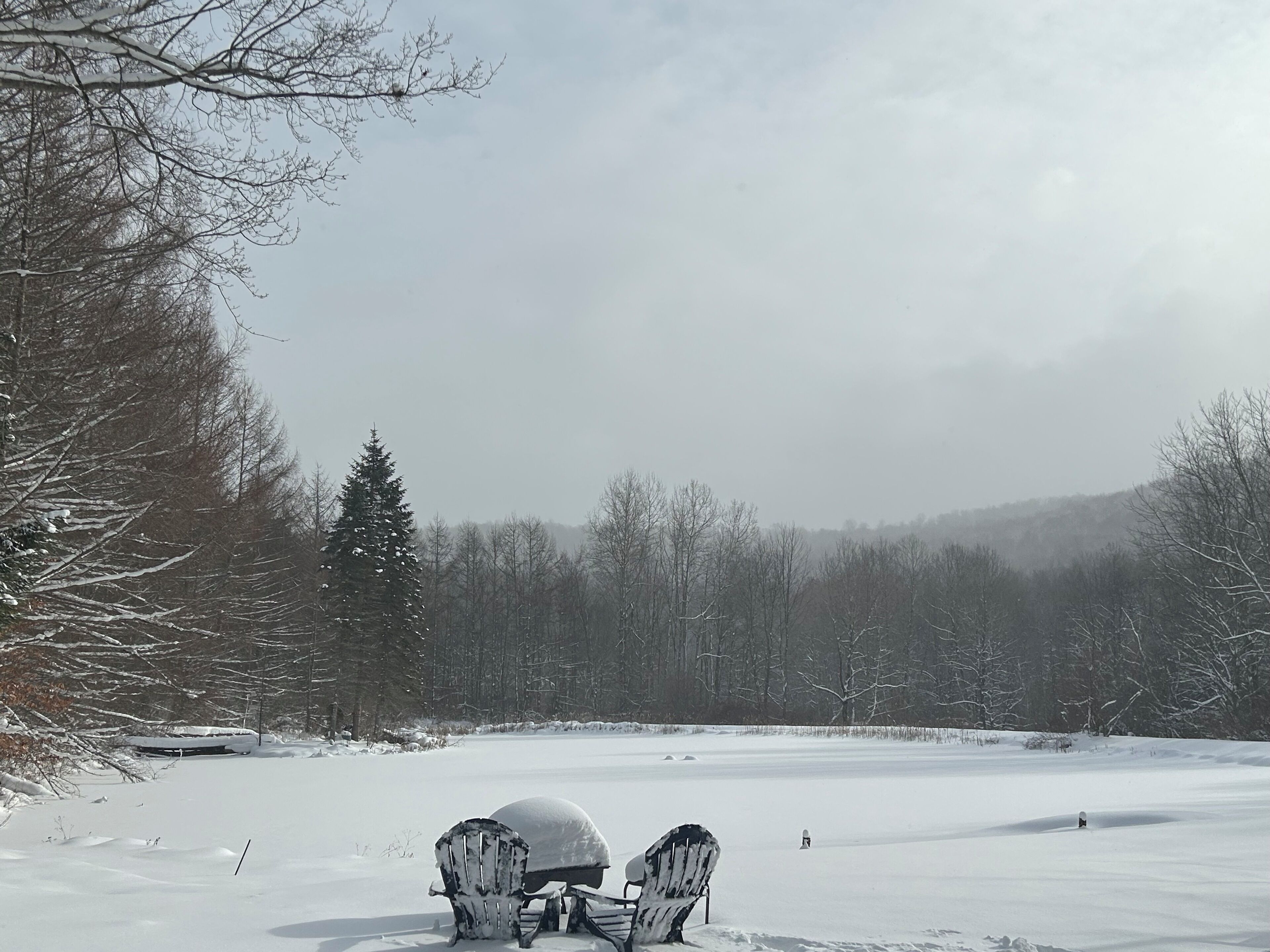 A snowy landscape with two Adirondack chairs and a snow-covered car.