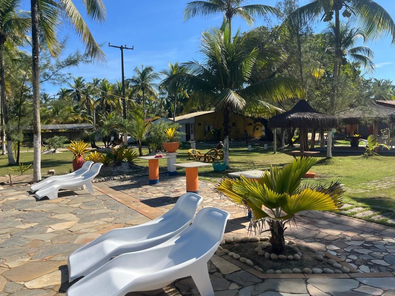 A resort area with lounge chairs, palm trees, and a thatched-roof structure.