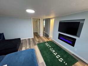 Smart TV, fireplace, video library