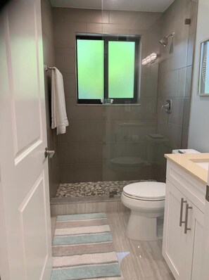 Shower, hair dryer, towels, soap