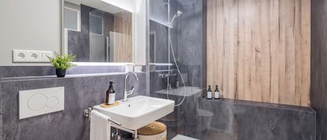 Shower, hair dryer, towels, soap