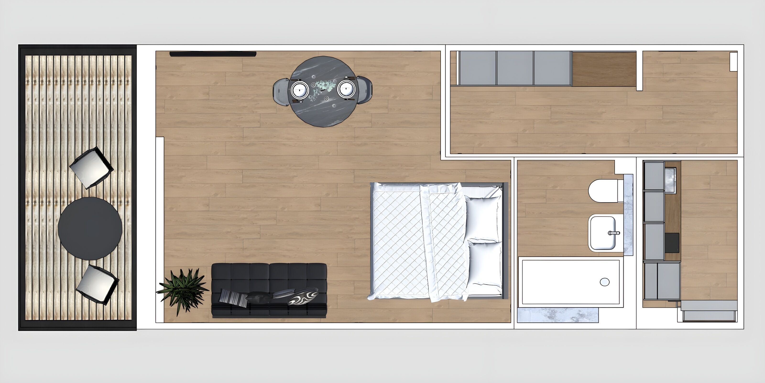 Distribución moderna de un apartamento con sala de estar, comedor, cocina y dos dormitorios.
