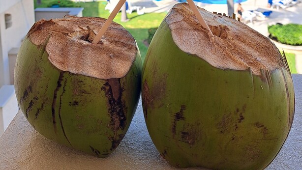 Two green coconuts with straws on a balcony overlooking a pool area with palm trees and a building in the background. - Apartamento familiar con vista espectacular al mar (Ixtapa)