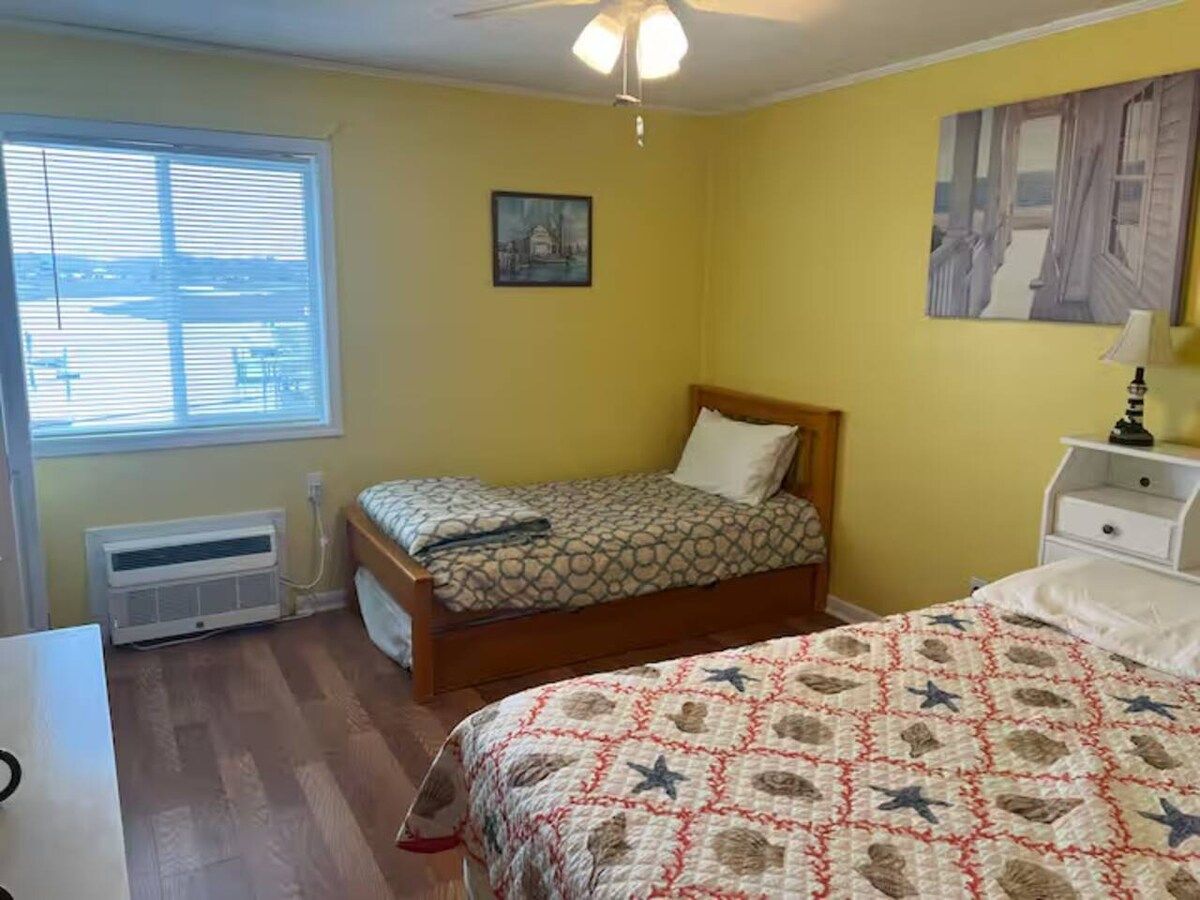 Een slaapkamer met twee bedden, een raam met zonwering, een plafondventilator en een radiator.
