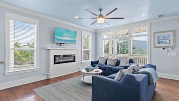 TV, fireplace, video games, table football