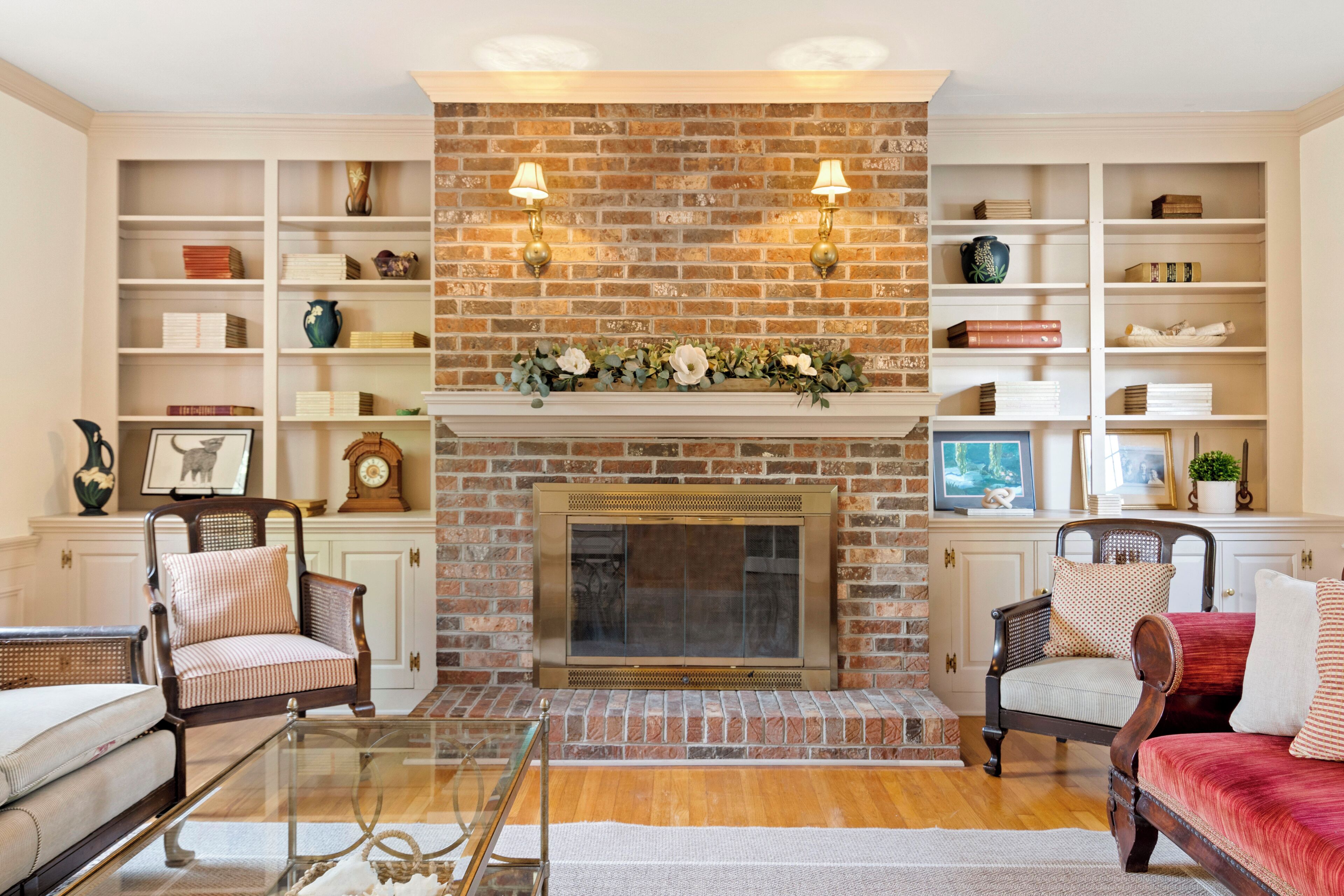 TV, fireplace, books