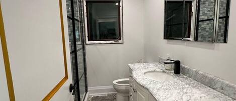 Un baño con tocador blanco, un espejo, inodoro y zona de ducha.