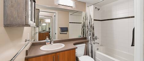 Hair dryer, towels, soap, shampoo