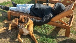 Uma pessoa deitada em uma espreguiçadeira de madeira em área externa gramada, com um cão por perto.