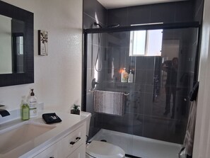 Shower, hair dryer, towels, soap