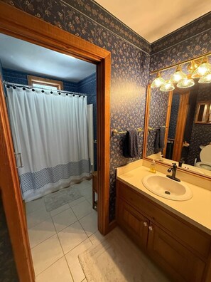 Hair dryer, towels, soap, shampoo