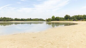 Un lago tranquillo con una spiaggia sabbiosa, circondato da alberi e edifici sullo sfondo.