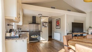 Una cucina moderna con piano cottura, forno e microonde, un'area pranzo con tavolo e sedie in legno, e un soggiorno con televisore e camino.