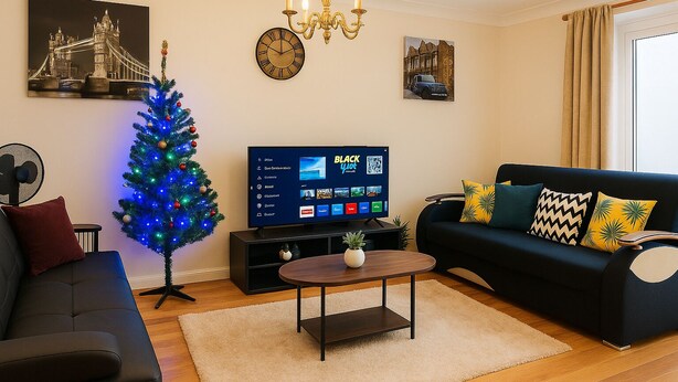 A living room with a Christmas tree, a flat-screen TV, a sofa, and a chandelier. - Charming 3-bedroom house in Sittingbourne for contractors, family & Tourists!! (Sittingbourne)