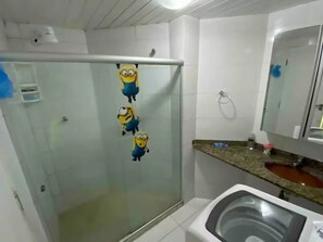 Hair dryer, bidet, towels, soap