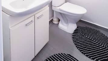 Hair dryer, towels, soap, toilet paper