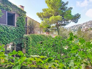 A building with a green ivy-covered exterior, a balcony with a metal railing, and a view of a hillside with buildings. - Villa 50 by Interhome (Théoule sur mer)