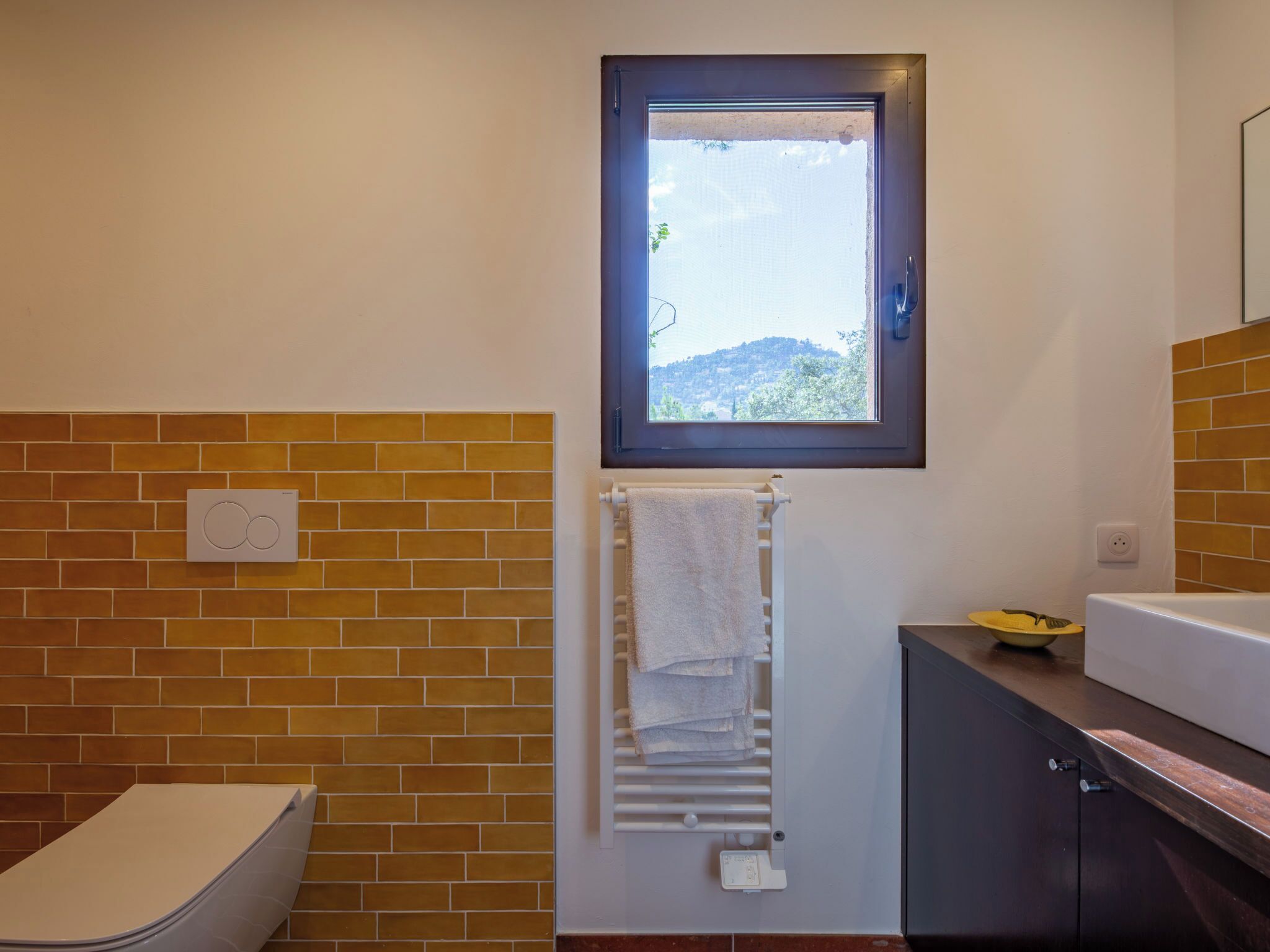 Un baño con inodoro, toallero y ventana con vista a una colina.