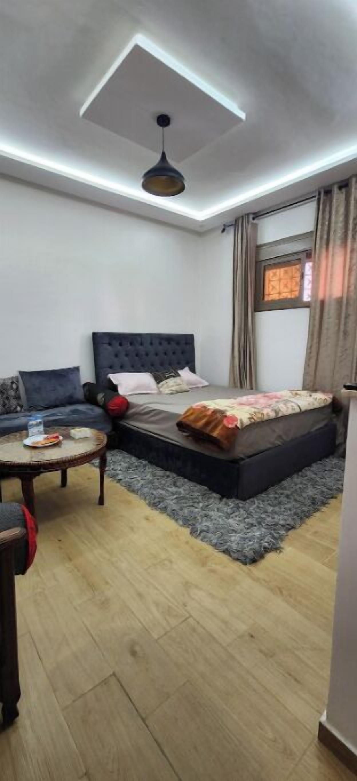 Een slaapkamer met een bed, een slaapbank, een bijzettafeltje en een hanglamp.