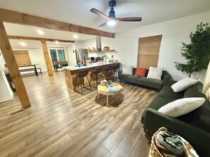 Smart TV, fireplace, books