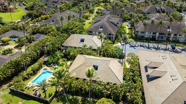 An aerial view of a residential area with houses, a swimming pool, and a view of the ocean.