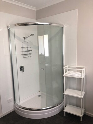 Shower, towels, soap, shampoo