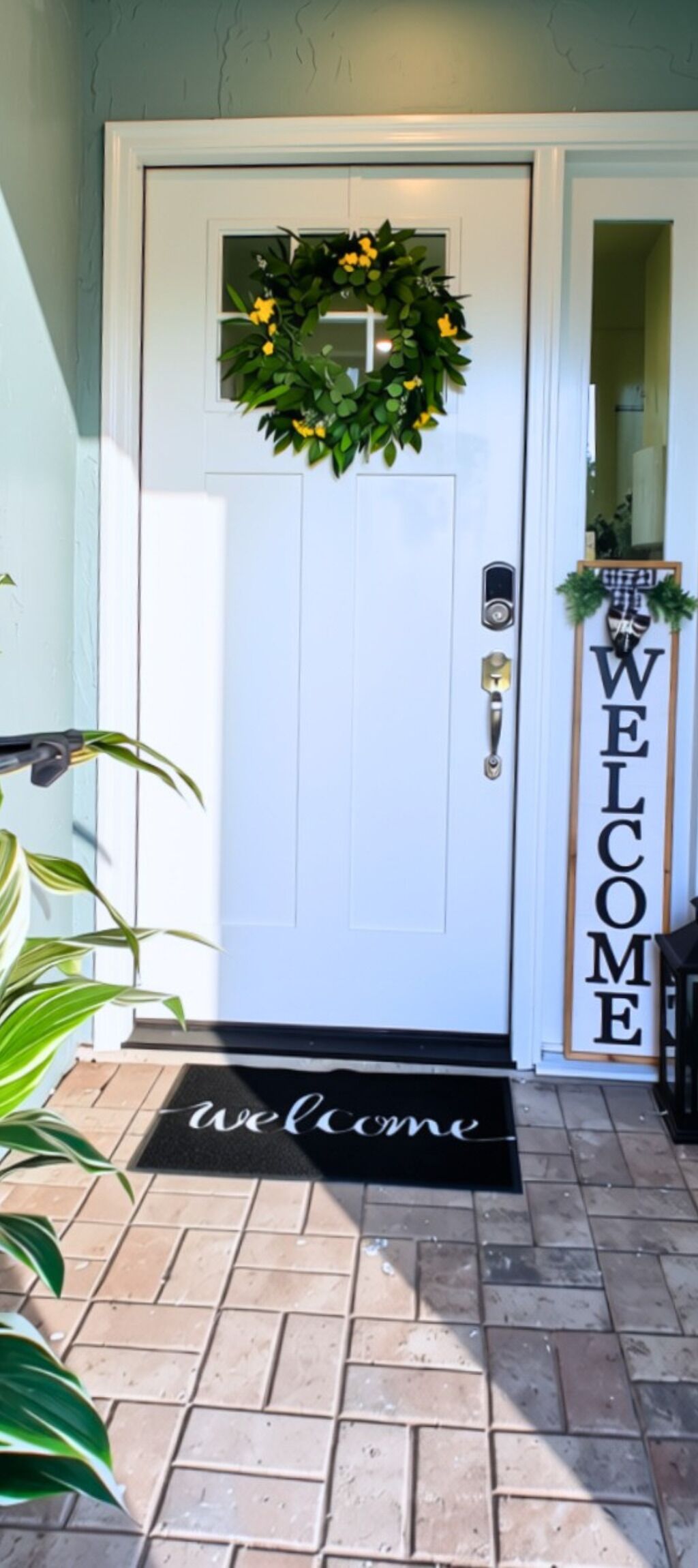 A white door with a 'WELCOME' sign, a doormat, and a wreath.