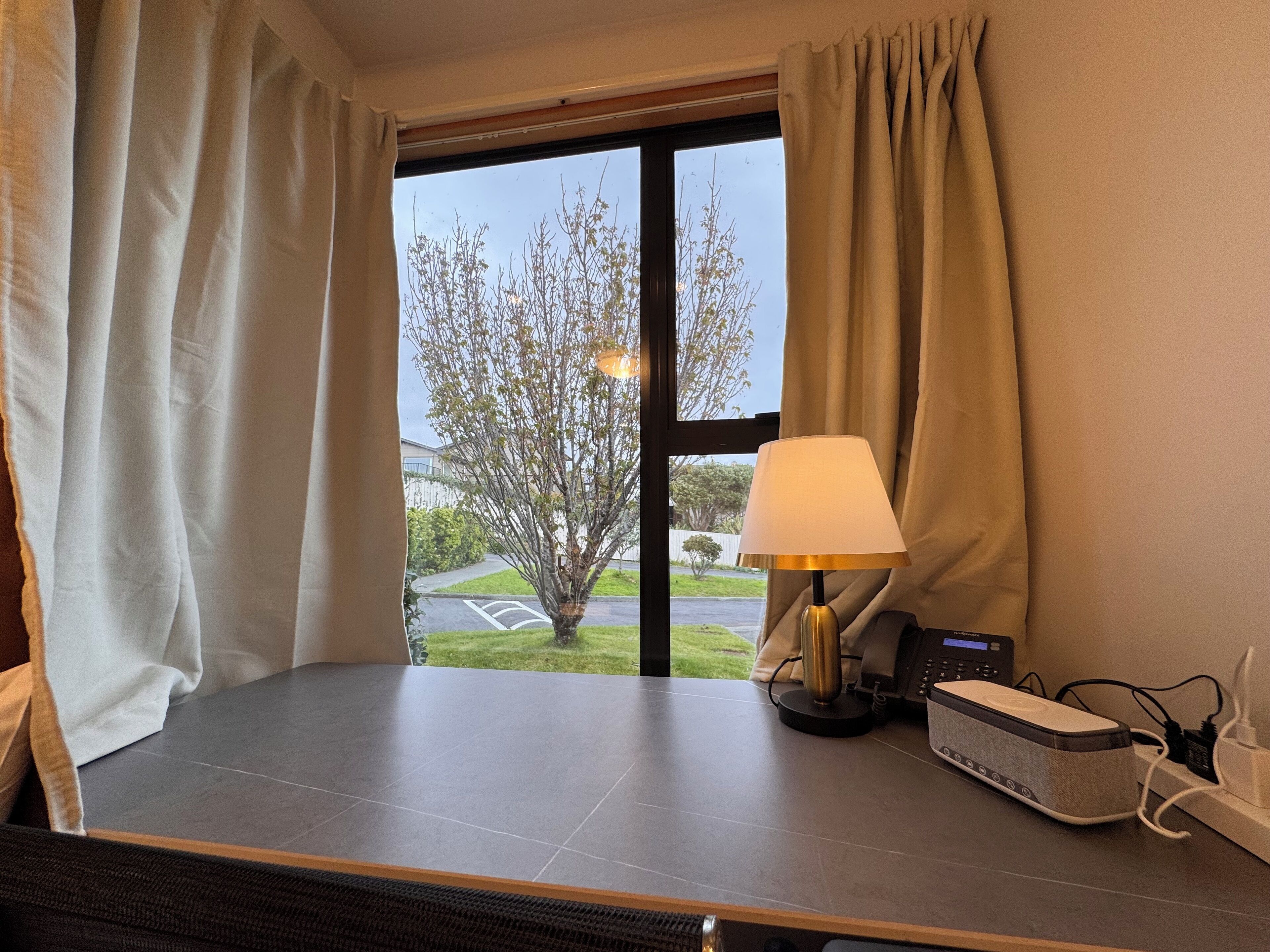 A hotel room with a view of a tree and a parking lot through a window. There is a lamp on the table and a phone charger on the side.