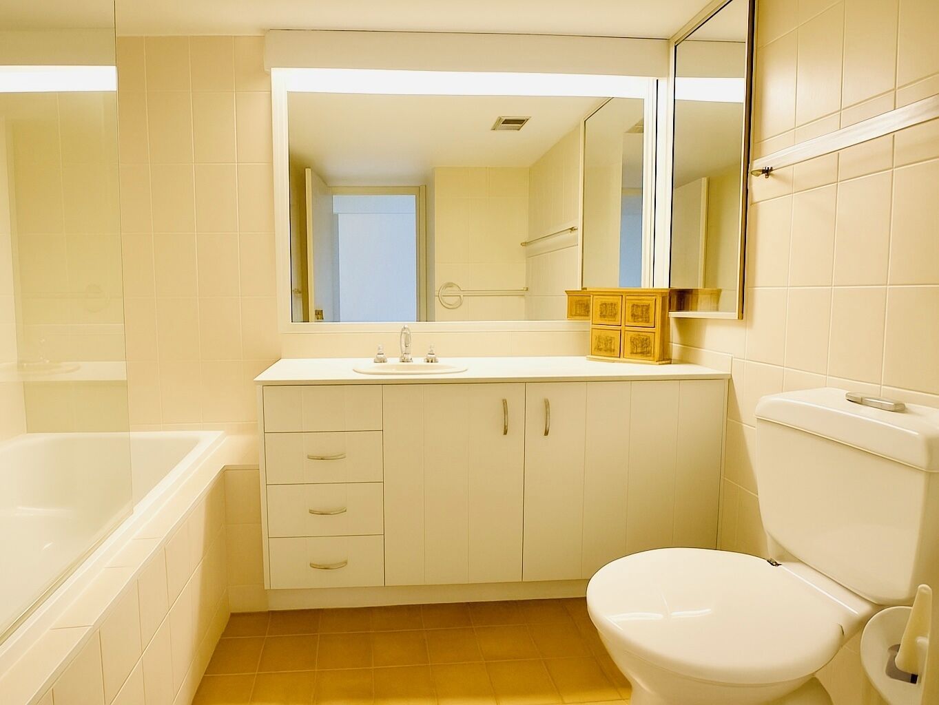 Une salle de bain avec un lavabo blanc, un miroir et des toilettes. On y trouve des placards sous le lavabo et une baignoire sur la gauche.