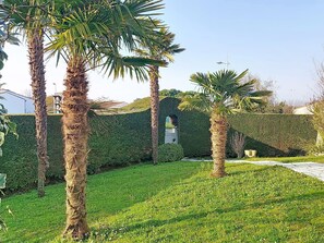 Ein gepflegter Garten mit Palmen, einer Hecke und blauem Himmel.
