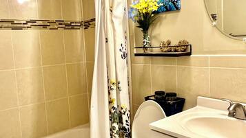 Hair dryer, towels, shampoo, toilet paper