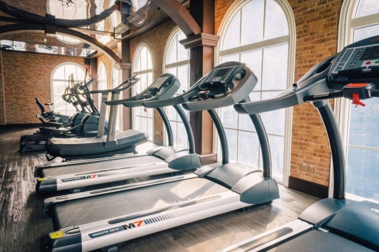 A gym with treadmills and elliptical machines, large windows, and brick walls.