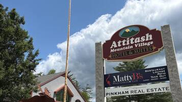 Une enseigne pour l’hôtel et les suites Aritash Mountain Village, avec un drapeau, une statue de cheval et un motif représentant une montagne.