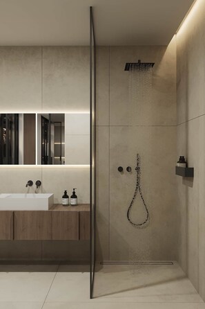 Douche, sĂšche-cheveux, bidet, serviettes fournies