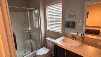 Secadora de cabello, toallas, jabón, papel de baño