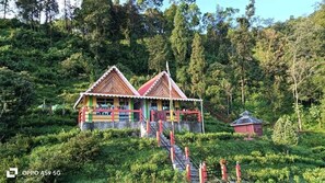 Uma casa tradicional com uma escadaria íngreme que dá para uma varanda, rodeada por muita vegetação e árvores.