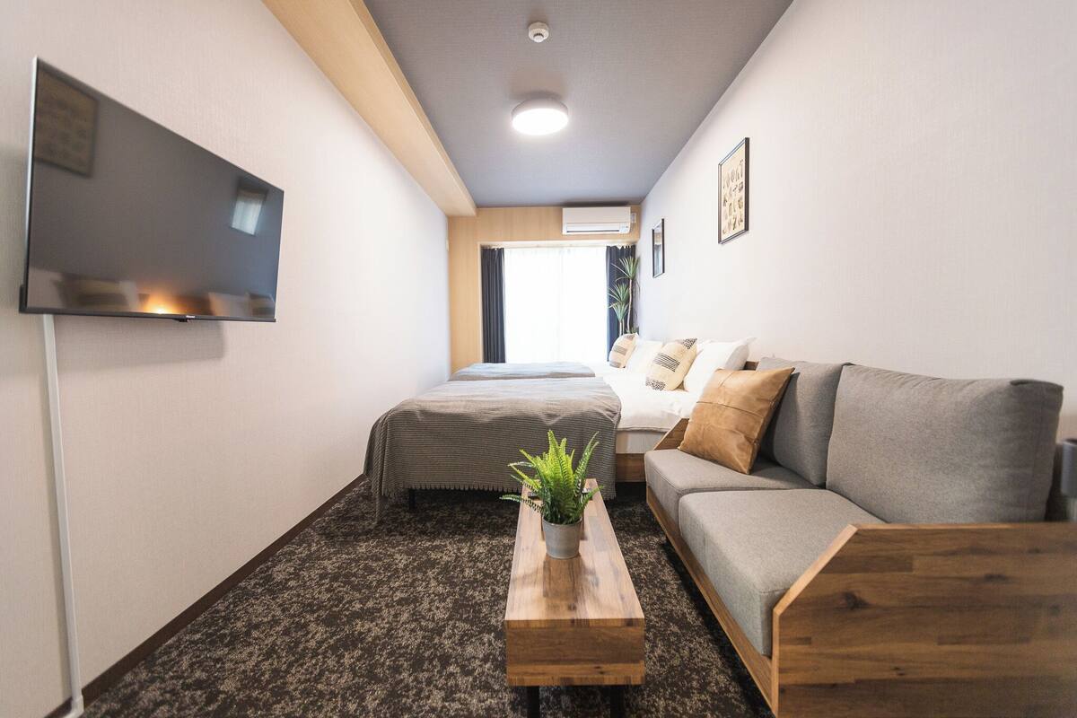 A compact hotel room with a bed, a sofa, a flat-screen TV, a small table with a plant, and a window with curtains.