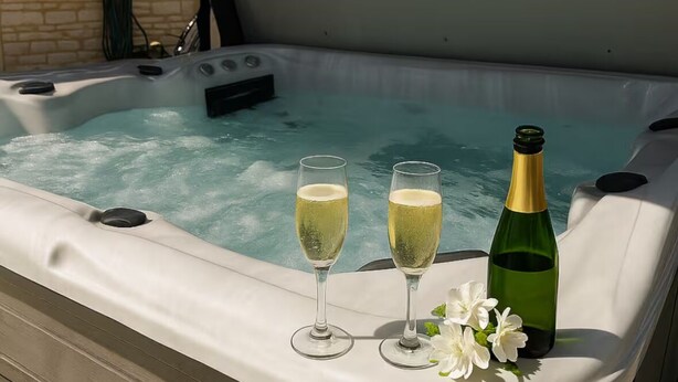 A hot tub with two glasses of champagne and a bottle, surrounded by white flowers.