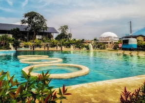 Outdoor pool, pool umbrellas, sun loungers