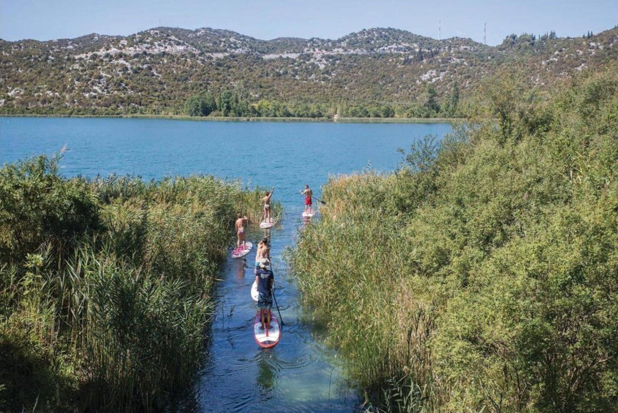 A group of people paddleboarding on a calm lake surrounded by lush greenery and hills.