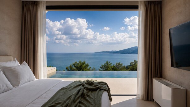 Une chambre à coucher avec un lit, une télévision et une grande fenêtre donnant sur la mer et les montagnes.