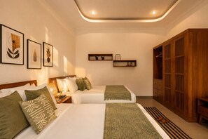 A hotel room with two beds, a wardrobe, a nightstand, and wall-mounted shelves. - Villa Hamal by DVH Luxe Retreats 2BR (Canggu)