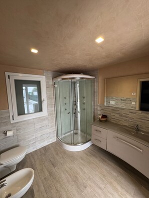 Shower, hair dryer, bidet, towels